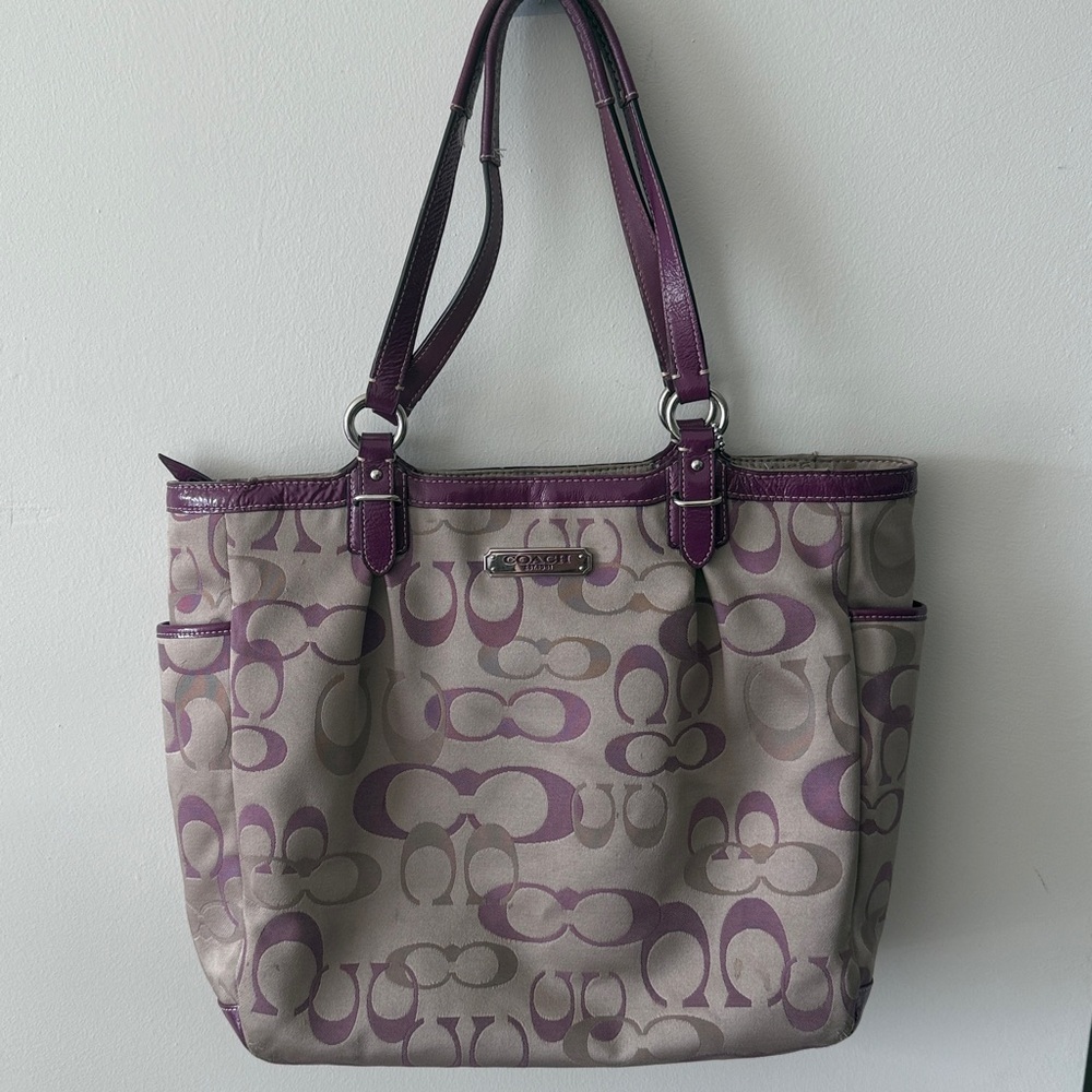 Coach Signature Sateen Trim Tote Shoulder Handbag Purse